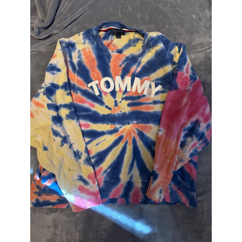 Tommy Hilfiger Tie Dye Spellout Sweatshirt Mens Medium Blue Yellow Orange Pink